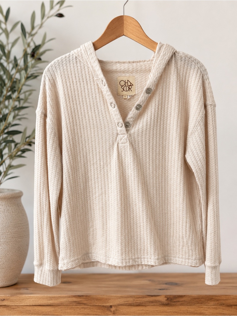 Chaser Cream Waffle Knit Henley Hoodie